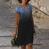 Printed Round Neck Split Short Sleeve Loose Dress ins